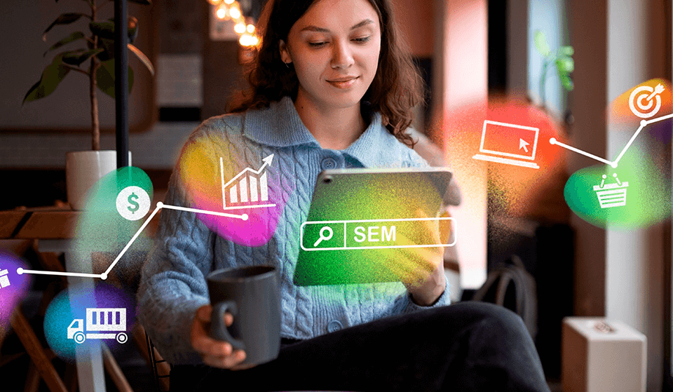 Mulher com tablet na mão e icones que remetem ao marketing.